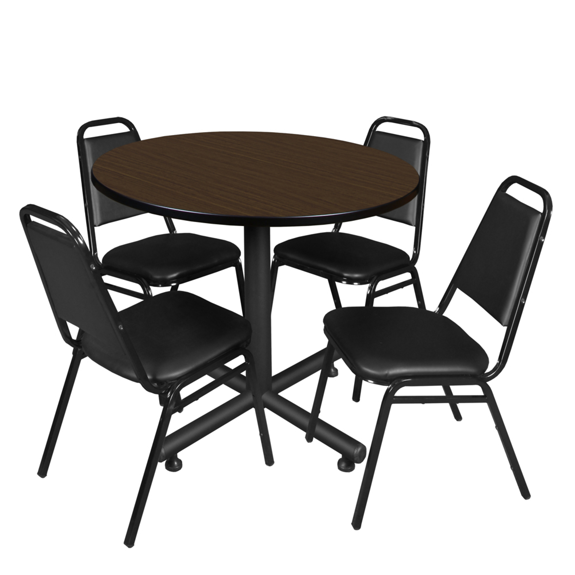 Regency Furniture Kobe Round Breakroom Table — 42in., Neo Walnut, 4 Restaurant Stack Chairs, Model# TKB42RNDNW29BK